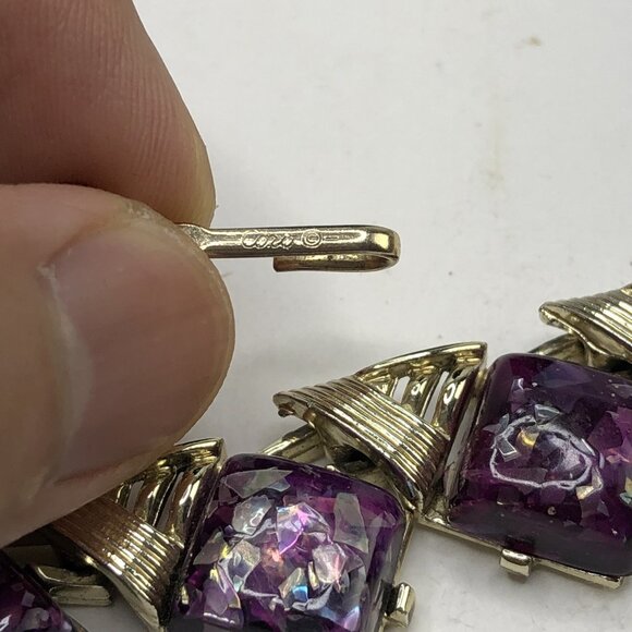 VTG 80s CORO Purple Glitter Stone Silver Necklace 17" Chain Art Deco Luxury Gift - Picture 8 of 8